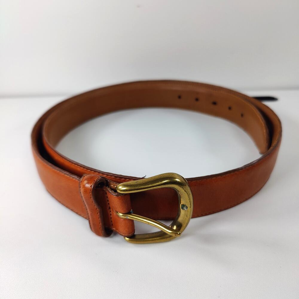 Vintage Willis & Geiger Brown Leather Belt 46 Brass Buckle Hidden Zip Pocket
